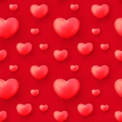 Valentines Day seamless pattern with realistic hearts on red background. Valentines Day background for festive decor, wrapping paper, print, textile, fabric, wallpaper.