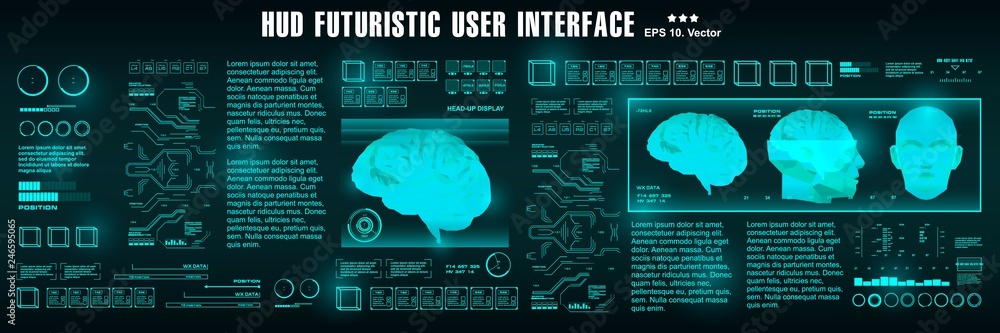 Poster medical service hud, futuristic virtual graphic touch user interface. brain scanning. hud medical vi