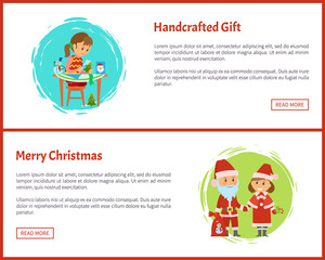 Merry Christmas and handcrafted gift cartoon characters. Santa Claus and Snow maiden with bag full of gifts, girl making handmade postcards, vector web page