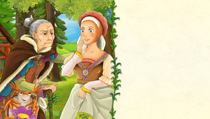 cartoon scene with older woman and princess in the forest - with space for text - illustration for children