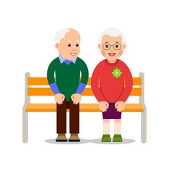 Old couple sit on bench. An elderly man sits on bench and smiling looking at an elderly woman sitting next to him. Illustration of people characters isolated on white background in flat style