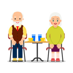Elderly peole are sitting at a table and drinking coffee and water. Old couple enjoying time together. Illustration of people characters isolated on white background in flat style