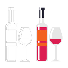 Wine bottle on white background. Wine glass, contour. Red wine color. Alcohol drink sign. Line and color illustration tableware for drinking isolated in flat style