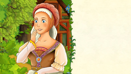 cartoon scene with older wooden house in the forest and beautiful young woman - with space for text - illustration for children