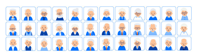 Set avatars old people. Illustrations of heads of elderly people in rounded squares. Symbols aged faces. Illustration of people characters isolated on white background in flat style