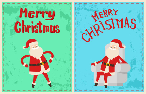 Wintertime vector greeting cards with Father Frost, cartoon character stickers on grunge backdrop. Merry Christmas Santa Claus sitting in armchair and dancing