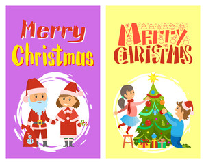 Obraz na płótnie Canvas Merry Christmas, Santa Claus and Snow maiden in costumes vector postcards in round brush frame. Xmas winter holidays characters, bag with snowman print