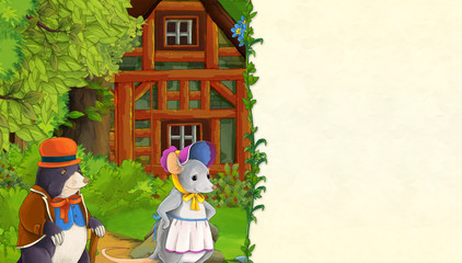 cartoon scene with older wooden house in the forest and mouse - with space for text - illustration for children