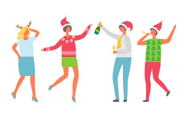 Christmas partying people, dancing and drinking vector. New Year celebration of man holding bottle of champagne and woman wearing Santa Claus hat flat style