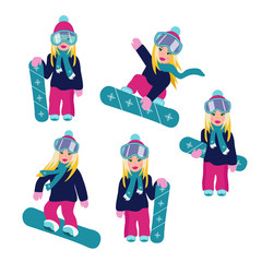 Set of vector flat cartoon snowboarders riding and jumping. Cute blonde girls on snowboards. Winter sport, Winter activity.