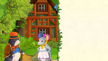 cartoon scene with older wooden house in the forest and mouse - with space for text - illustration for children