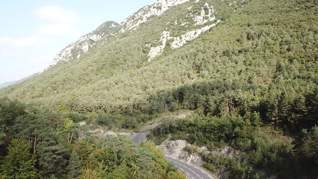 aerial view of Pyrenean valley with fir forest in Aude, Languedoc region of France