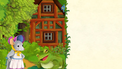 cartoon scene with older wooden house in the forest and frog - with space for text - illustration for children