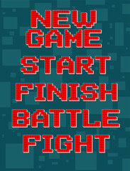 Red pixel retro different texts for video games web design. New, start, finish, battle, fight. Navigation buttons. On gray background with square. Vector icons set.