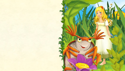 cartoon scene with beautiful woman on the meadow with dumbledore bug - with space for text - illustration for children