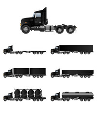 set of truck silhouettes of trucks on white background
