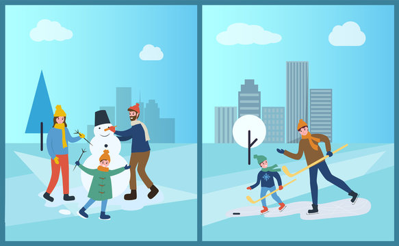 Family sculpts snowman from snow in winter city park vector. People with man made of snow with carrot nose and bucket on head, hockey training father flat style