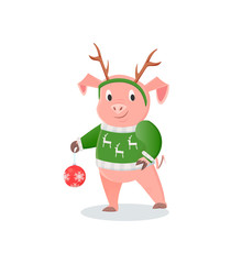 Obraz na płótnie Canvas Pig in deer horns and knitted sweater, New Year holiday. Domestic livestock animal with Christmas tree decoration or ball vector illustration isolated
