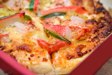 Pizza hot on wooden table  Food