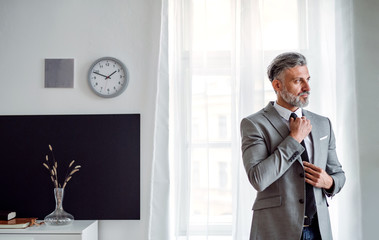 A serious mature businessman standing in an office.