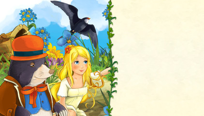 cartoon scene with beautiful woman on the meadow with mole and flying cuckoo - with space for text - illustration for children