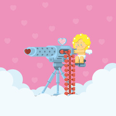 Cupid aiming a heavy machine gun with heart shaped arrow bullets on cloud with hearts background in flat cartoon style