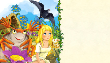 cartoon scene with beautiful woman on the meadow with dumbledore and flying cuckoo - with space for text - illustration for children