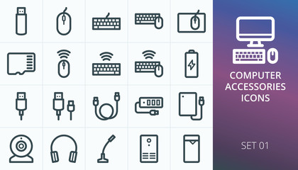 Computer accessories icons set. Set of accessories for pc, computer, desktop, laptop, notebook - wireless mouse, keyboard, flash drive, usb cable, mic, cam, headphones, ups, usb hub vector icons