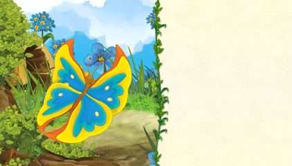 cartoon scene on the meadow with flying butterfly - with space for text - illustration for children