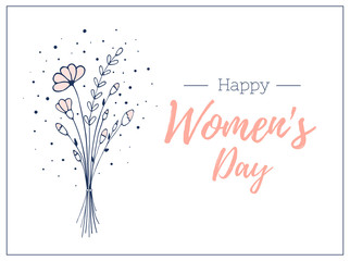 woman day template gift card. . Hand drawn bouquet of wildflowers. Light and delicate flower illustration