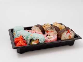 Sushi in disposable tableware. fast healthy food