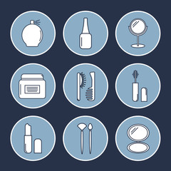 Vector icon set of makeup accessories. Cosmetic accessories line art set