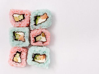 Sushi rolls on a white background. fast healthy food