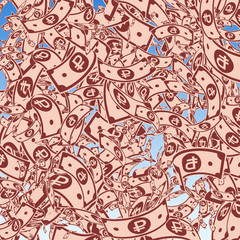 Russian ruble notes falling. Messy RUB bills on bl