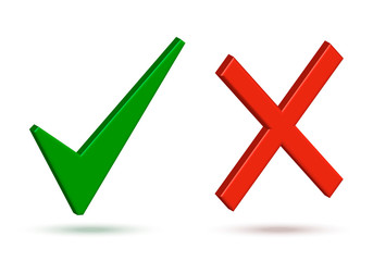 Green check mark and red cross. Vector choice or voting signs. Symbol of agreement or disagreement. 3D illustration with shadow.