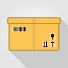 Cardboard box pack with handling packing icons. Flat design. Vector illustration.