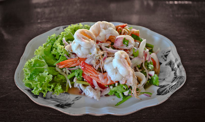 Diet menu, Seafood Salad - shrimp, squid, octopus, greens.