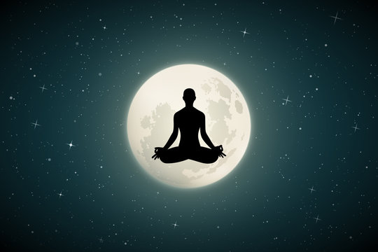 Yoga on moonlit night. Vector illustration with silhouette of yoga girl in lotus pose. Full moon in starry sky