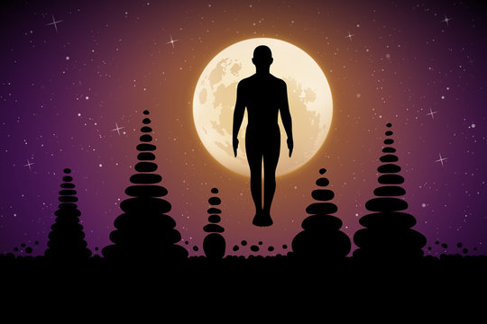 Yoga on moonlit night. Vector illustration with silhouette of yogi in pose of tadasana and pyramids of stones. Full moon in starry sky