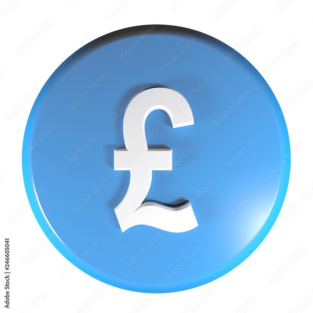 Poster blue circle push button pound currency symbol - 3d rendering illustration