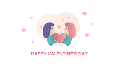 Happy Valentines Day. A pair of lovers, girl and a girl, holding a heart in their hands. Character flat illustration. Cartoon vector