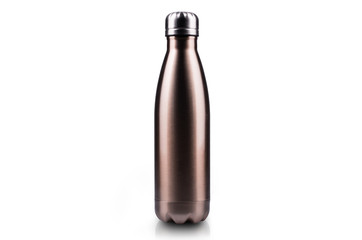 Empty stainless thermo water bottle close-up isolated on white background.