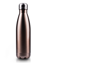 Empty stainless thermo water bottle close-up isolated on white background.