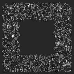 Easter vector illustration. Spring design for patterns. Holiday decoration for greeting cards. Rabbit, bunny character, eggs, flowers, seasonal elements.