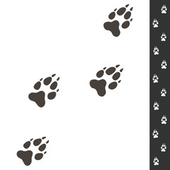 Fototapeta na wymiar Wolf footprints. Vector illustration isolated on white. Wildlife design. Four wolf paws prints and sample of tracks.