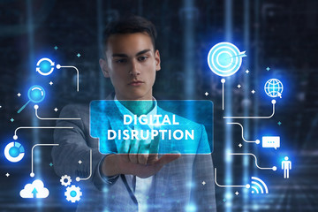 The concept of business, technology, the Internet and the network. A young entrepreneur working on a virtual screen of the future and sees the inscription: digital disruption