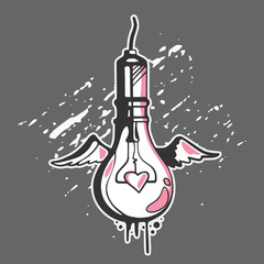 Light bulb concept in graffiti style with wings and heart, vector illustration.