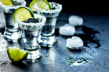 Tequila shot with salt and ice on dark background