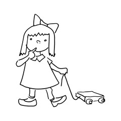doodle girl, simple children's coloring page, children's drawing a little girl, vector sketch