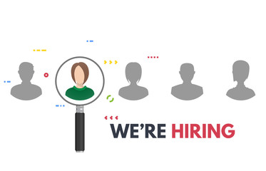 We are hiring poster with magnifying glass. Business recruiting concept. Human faces and employee searching from candidates. Employer searching professionals for vacant job.